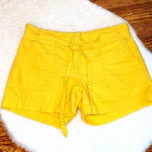 Happy bright yellow linen blend shorts with belt and front patch pockets